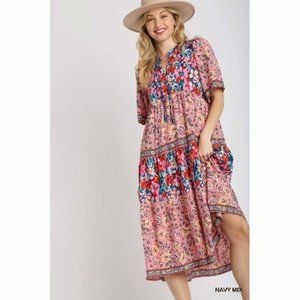 Bohemian Floral Print Maxi Dress - Sizes S/M/L - Navy Multicolor